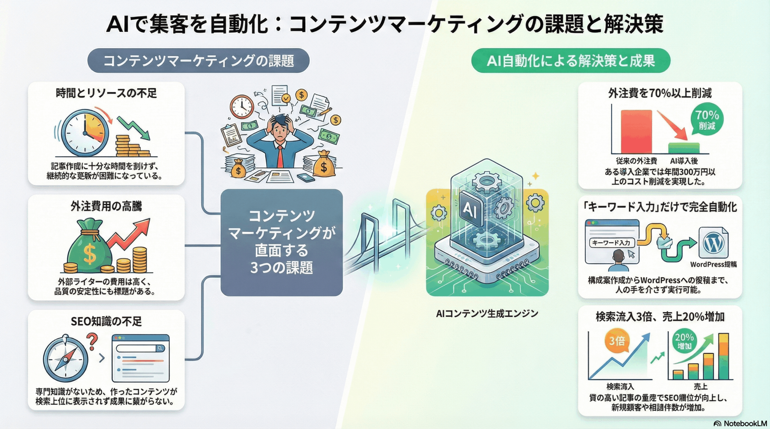 勝てるコンテンツマーケティングの正解は「AI×SEO×自動化」。リソース不足を解消し、検索流入を3倍にする次世代の運用法